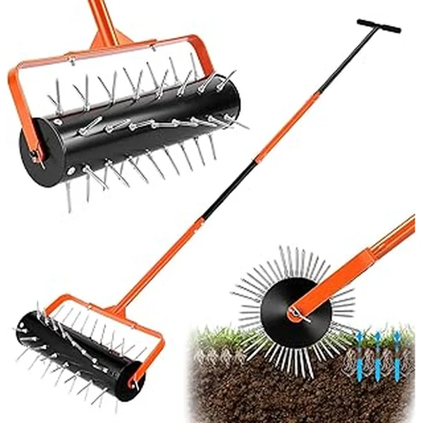 hotqueen 15" Rolling Lawn Aerator, Roller Manual Push Aerator Tool with 48 Spikes, Lawn Spike Aerator Roller with 69" Adjustable Handle,Heavy-Duty Soil Penetrator Lawn Aeration for Garden Yard