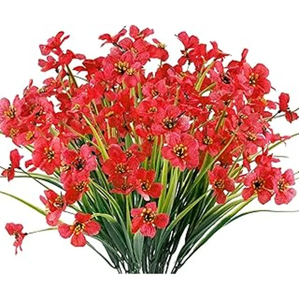 JEMONG 12 Bundles Artificial Flowers Outdoor UV Resistant Fake Flowers No Fade Faux Plants Garden Porch Window Box Decorating (Deep Red)