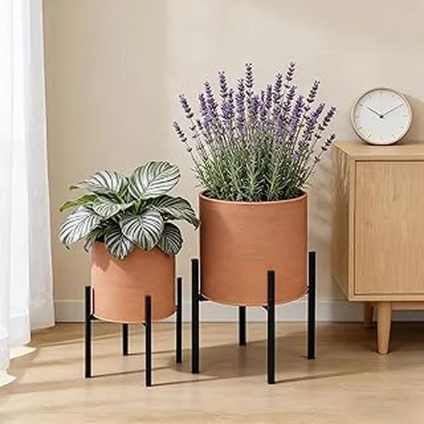 ARNIS Modern Plant Pots, Large Planters with Stand, Set of 2 Decorative Planters, Metal Pots with Drainage Holes for Living Room, Office, Garden or Balcony, 10.5 &12.25 Inch, Terracotta