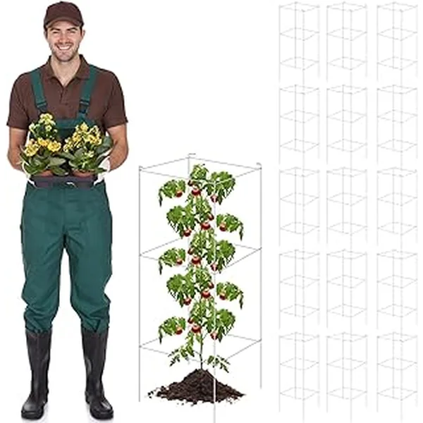 Hicarer 16 Pack Square Tomato Cage Heavy Duty Tomato Cages for Garden Vegetable Plant Trellis Stakes Plant Support Stake Tower for Climbing Vegetables Plants Flowers Fruit (15 x 36 Inches,Silver)